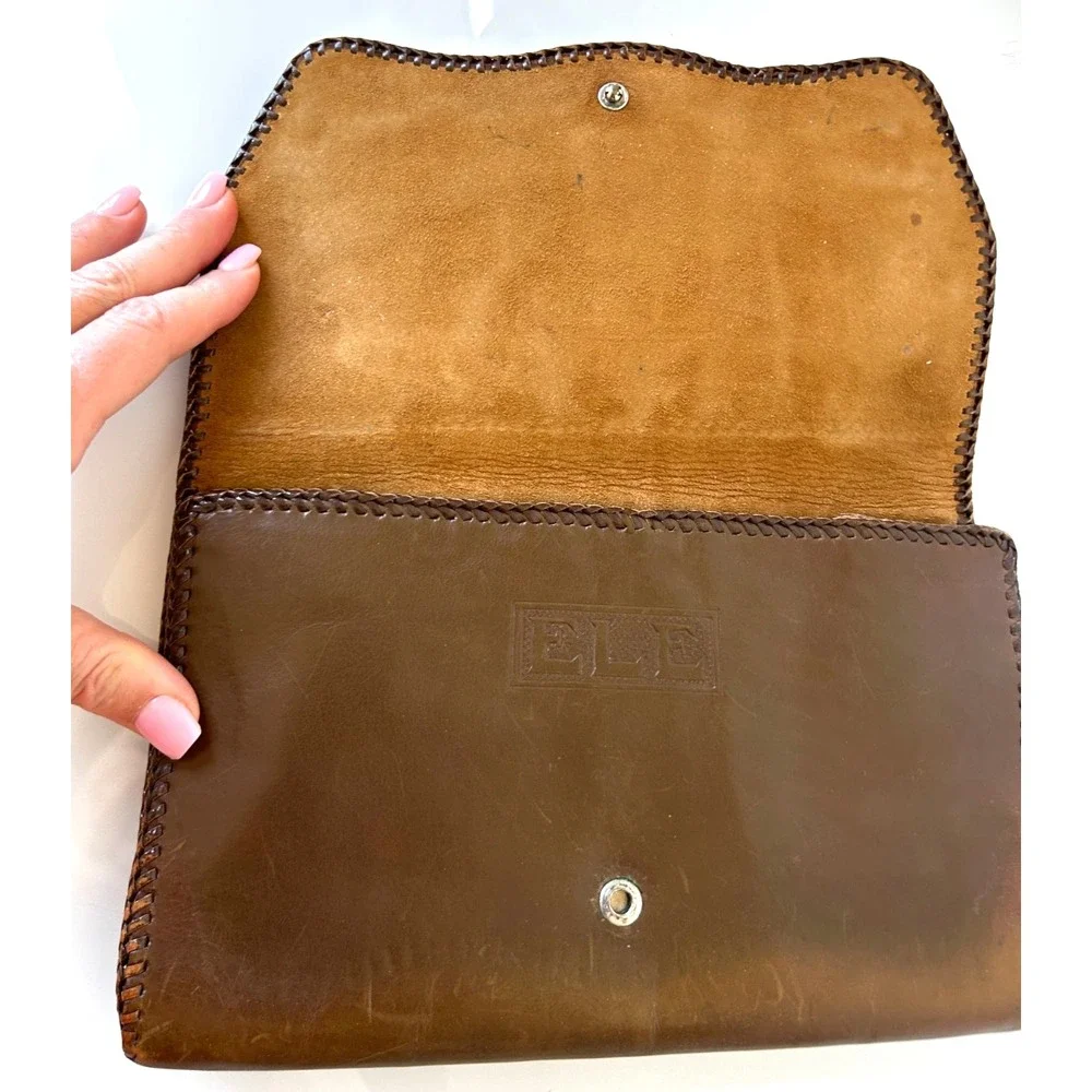 Vintage 1920s Leather Clutch Hand Tool Double Side Whipstitch Snap Floral Folds